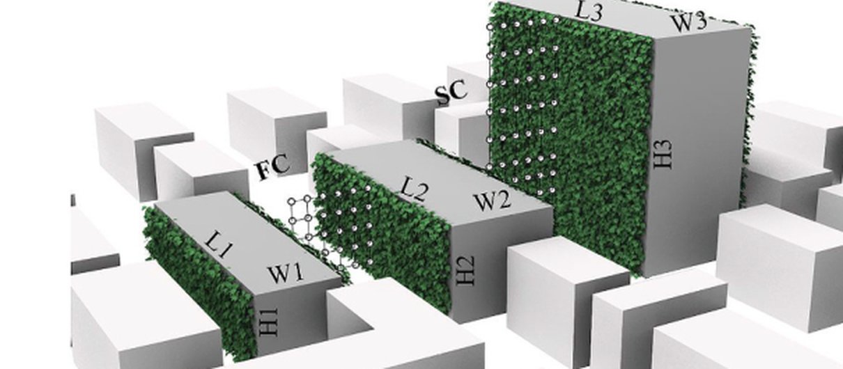 3D rendering of buildings clad in green walls within a model city used for wind-tunnel experiments